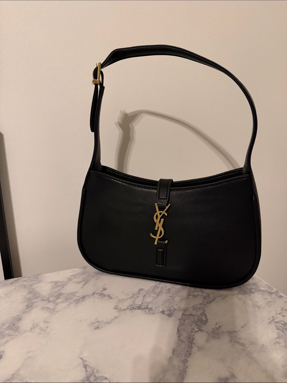 Designer-Inspired Black Leather Shoulder Bag with Gold Logo Hardware